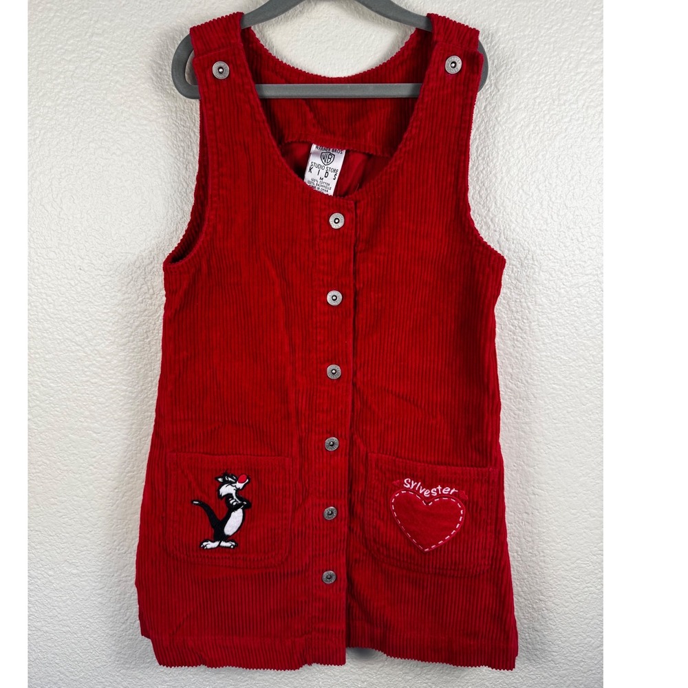Vintage Warner Bros Studio Kids Dress Girls Jumper Medium Sylvester Corduroy 90s